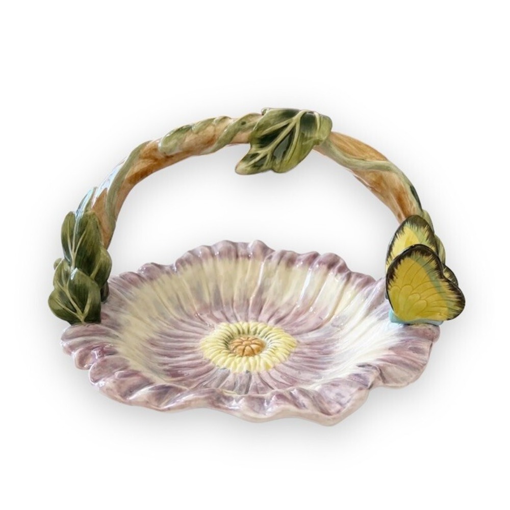 Fitz & Floyd Flora And Fauna 9" Round Basket Bowl Handle Butterfly Spring Floral